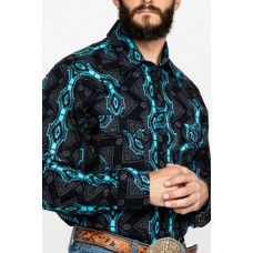 Men's Vintage Aqua Blue Long Sleeve Printed Shirt